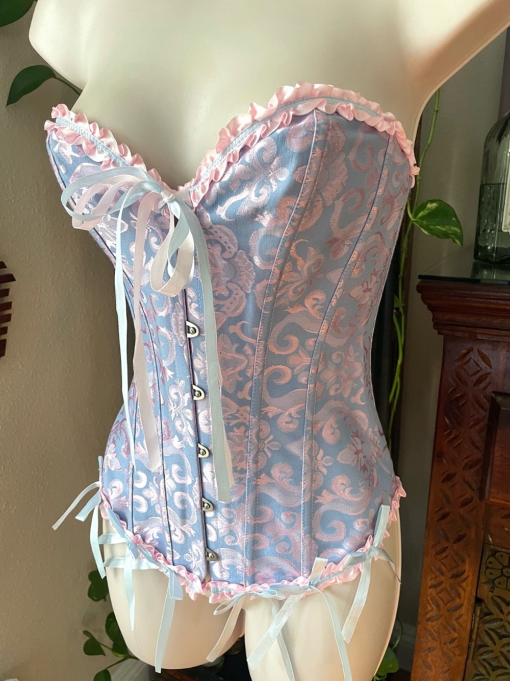 Pastel Blue and Pink Brocade Lace Up Corset Small